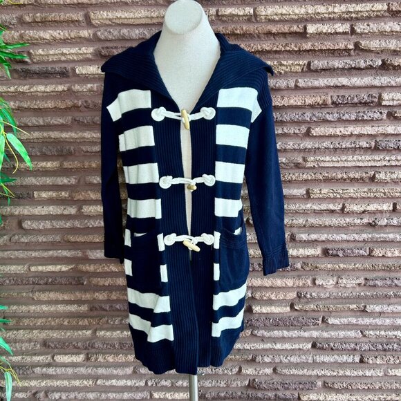 Talbots Navy Blue Nautical Striped Toggle Button Coatigan Cardigan Sweater - Picture 9 of 9
